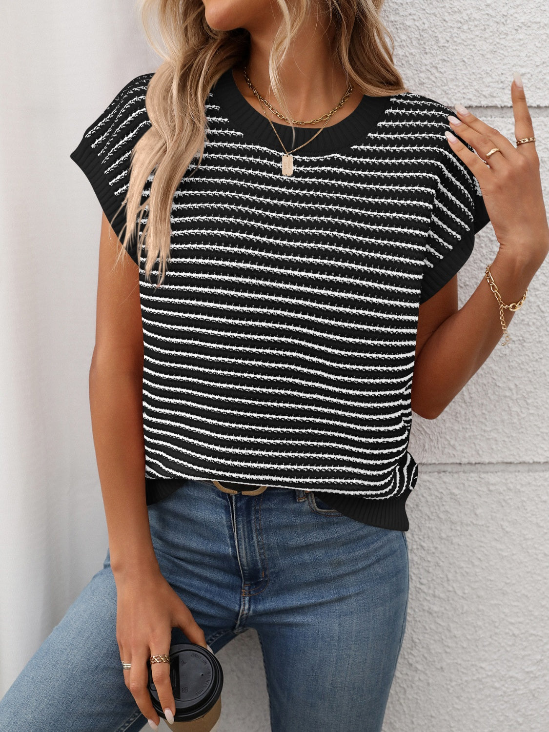 Short Sleeve Knit Top | Cable Knit Top | KoKo Kristin