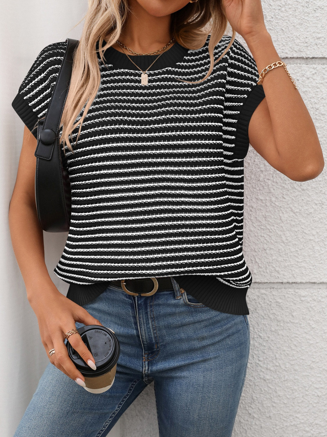Short Sleeve Knit Top | Cable Knit Top | KoKo Kristin